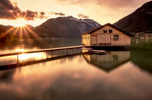 Boat house on a lake